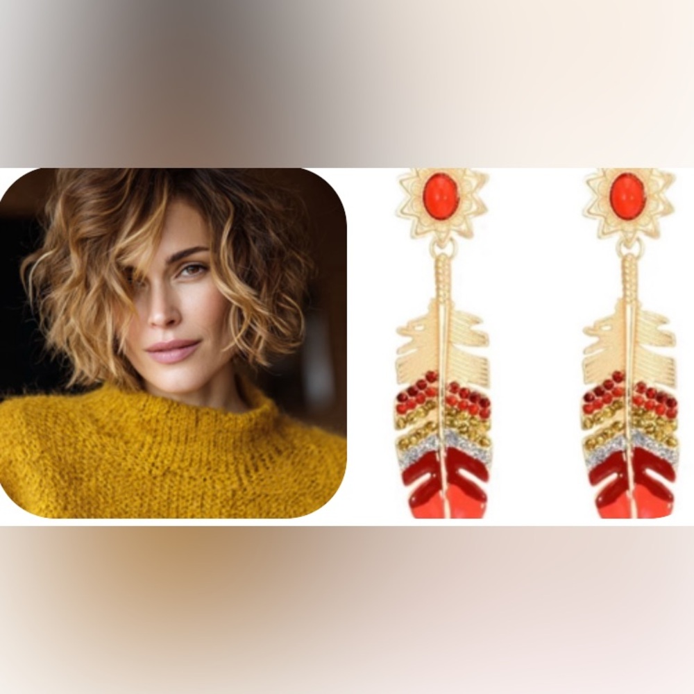 Stylish Red And Rhinestone Feather Gold Drop Earrings - Picture 14 of 14